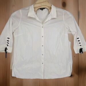 Misook Blouse Large White (Ivory) Ribbon Sleeve 3/4 Cotton Blend Premium Luxury